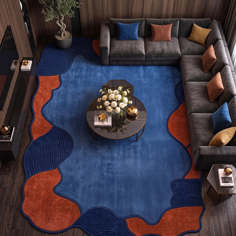 Terracotta and Blue Abstract Wool Rug – Hand Tufted Sculpted Rug – image 1