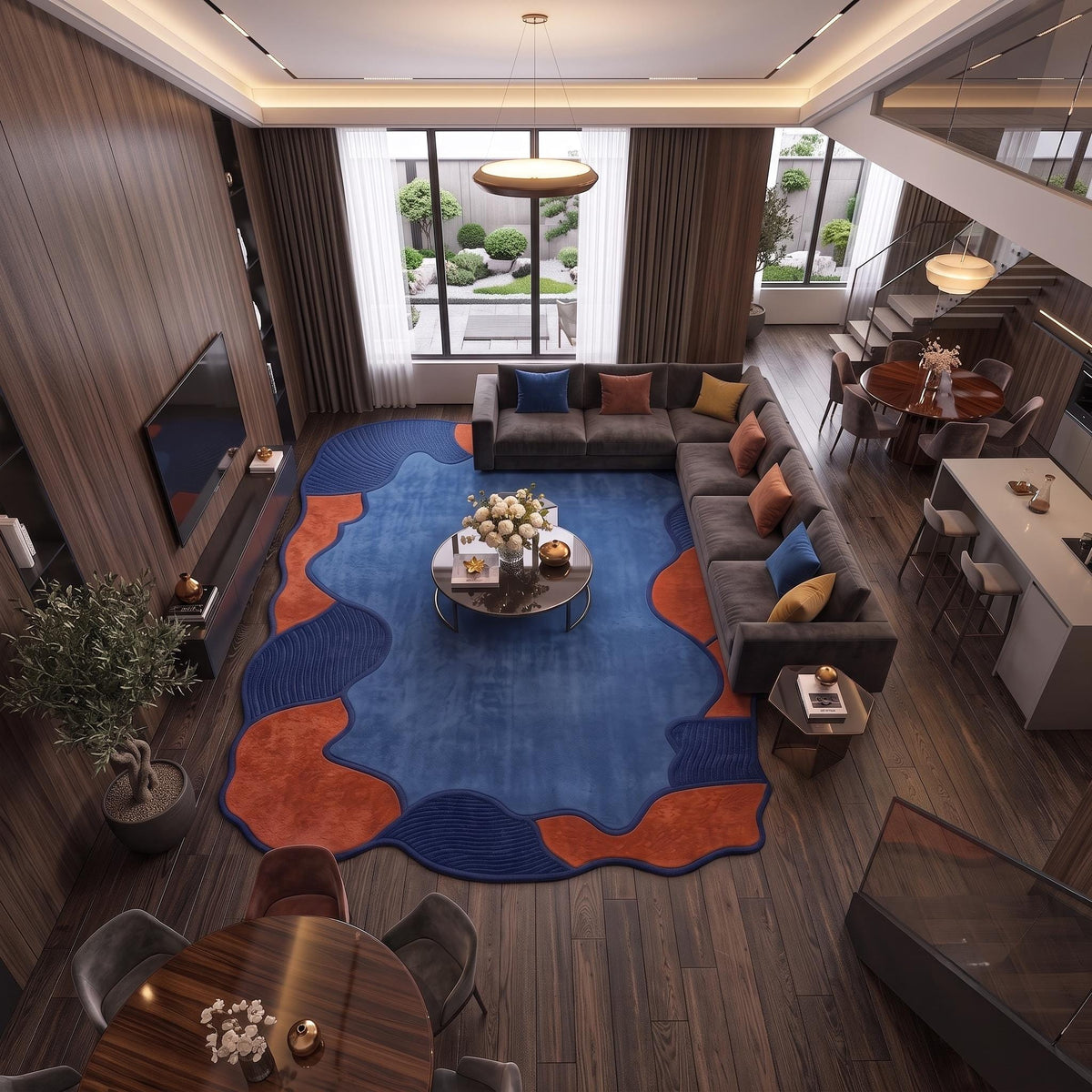 Terracotta and Blue Abstract Wool Rug – Hand Tufted Sculpted Rug – image 9