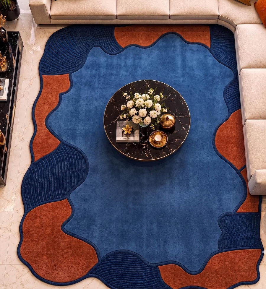 Terracotta and Blue Abstract Wool Rug – Hand Tufted Sculpted Rug – image 2