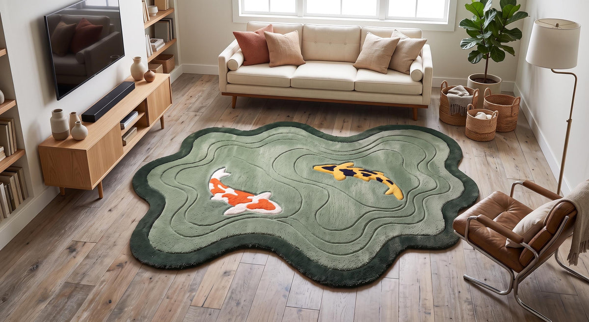 Sage Green Koi Fish Pond Rug – Hand Tufted Organic Shape Wool Rug – image 3