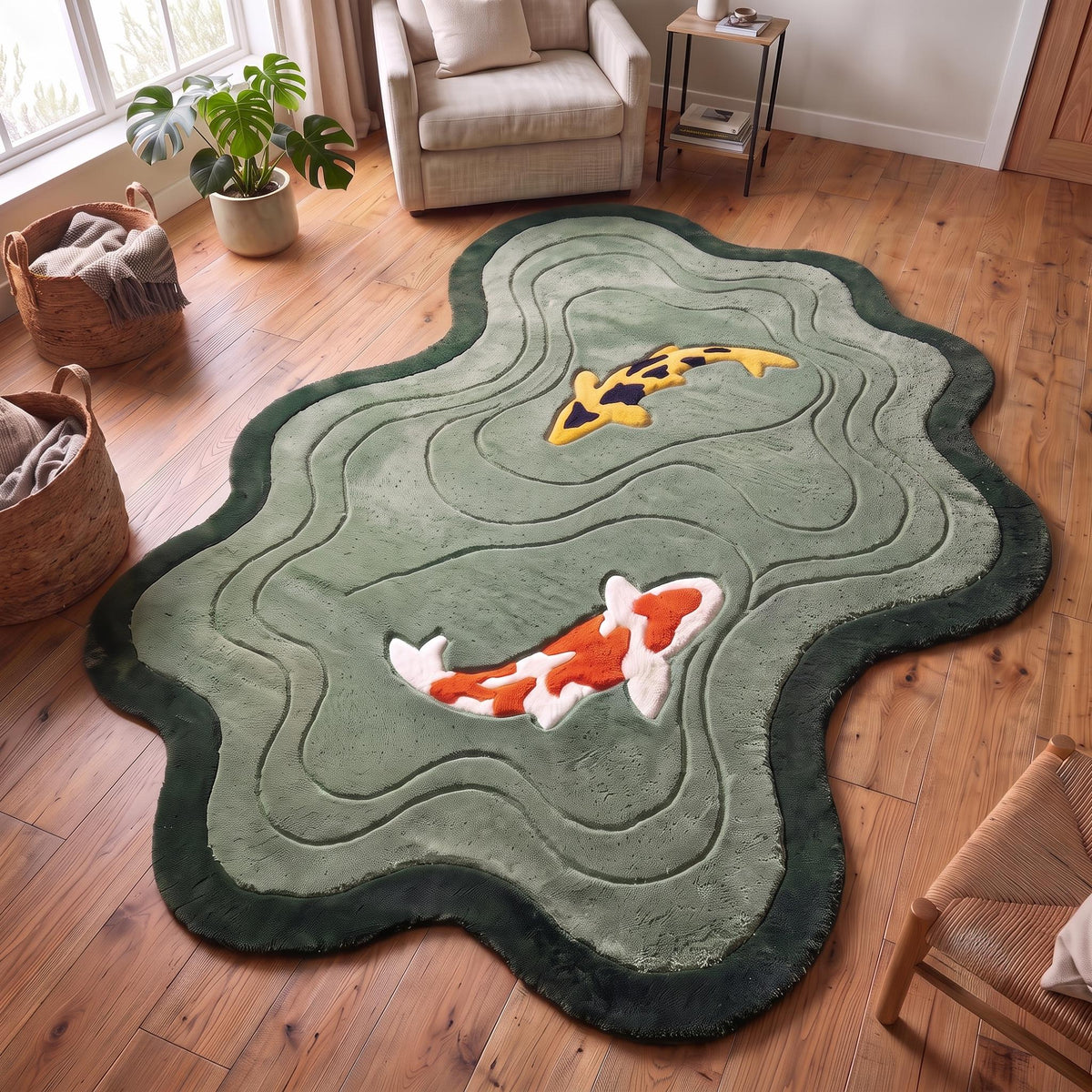 Sage Green Koi Fish Pond Rug – Hand Tufted Organic Shape Wool Rug – image 1
