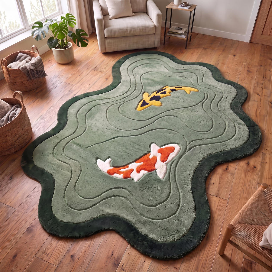 Sage Green Koi Fish Pond Rug – Hand Tufted Organic Shape Wool Rug – image 1