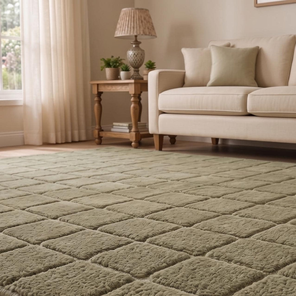 Sage Green Raised Grid Wool Rug – Hand Tufted Minimalist Rug – image 4
