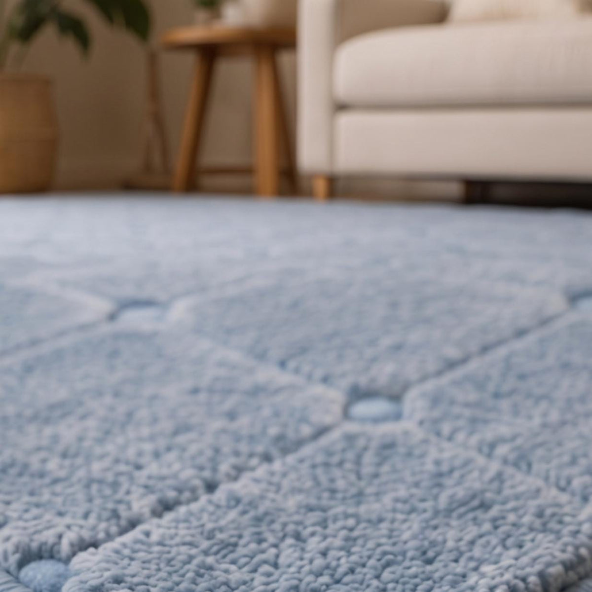 Light Blue Geometric Grid Wool Rug – Hand Tufted Textured Rug – image 5