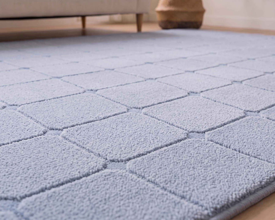 Light Blue Geometric Grid Wool Rug – Hand Tufted Textured Rug
