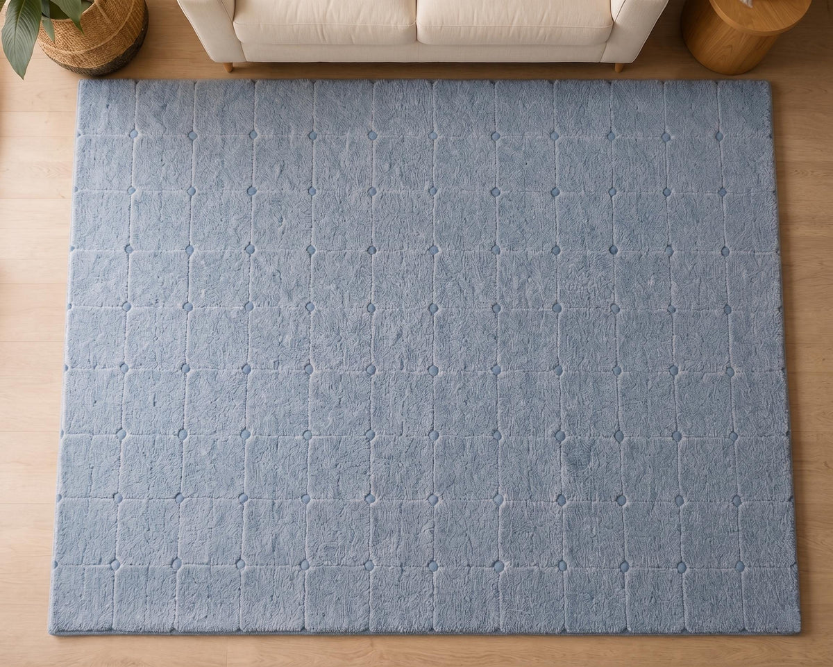 Light Blue Geometric Grid Wool Rug – Hand Tufted Textured Rug – image 8