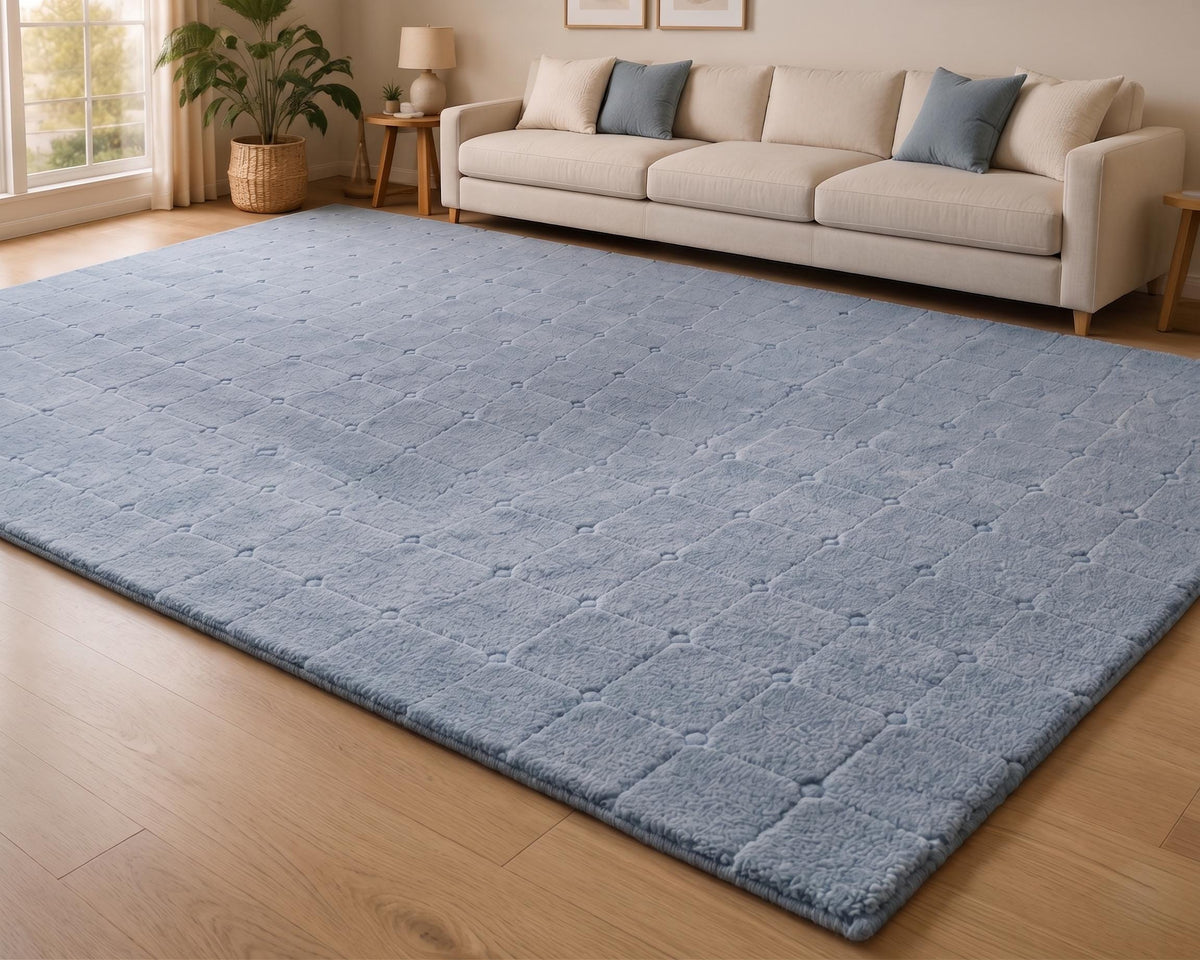 Light Blue Geometric Grid Wool Rug – Hand Tufted Textured Rug – image 4