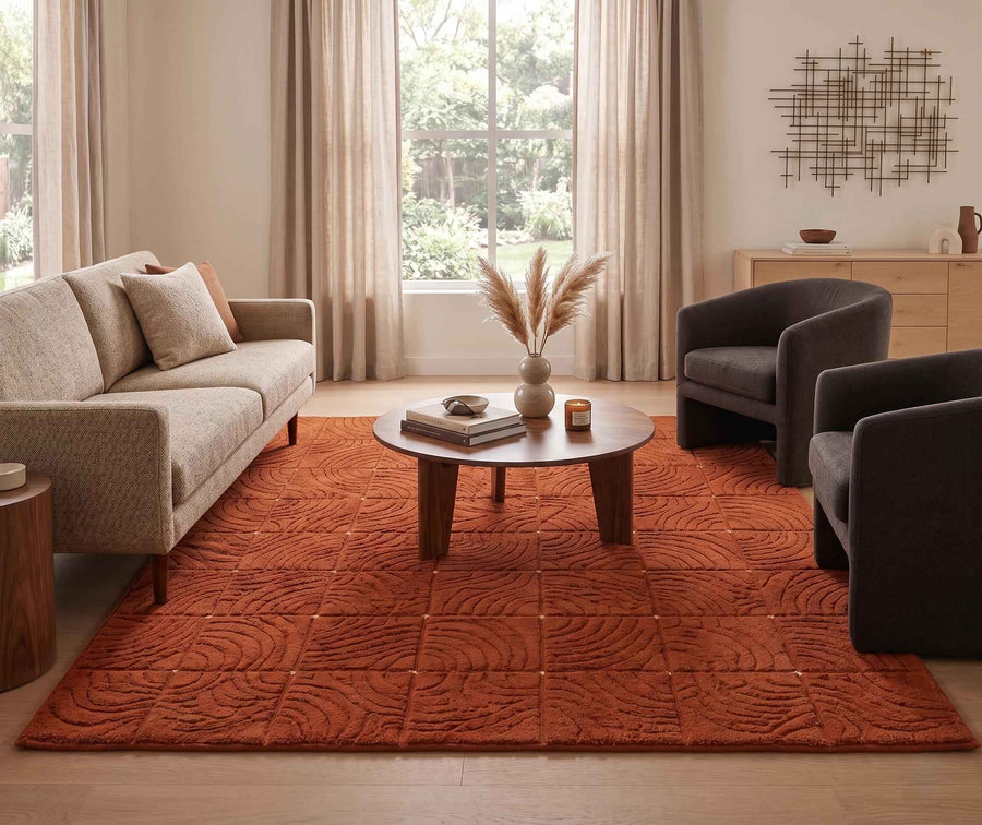 Burnt Orange Carved Geometric Rug – Hand Tufted Terracotta Wool Rug
