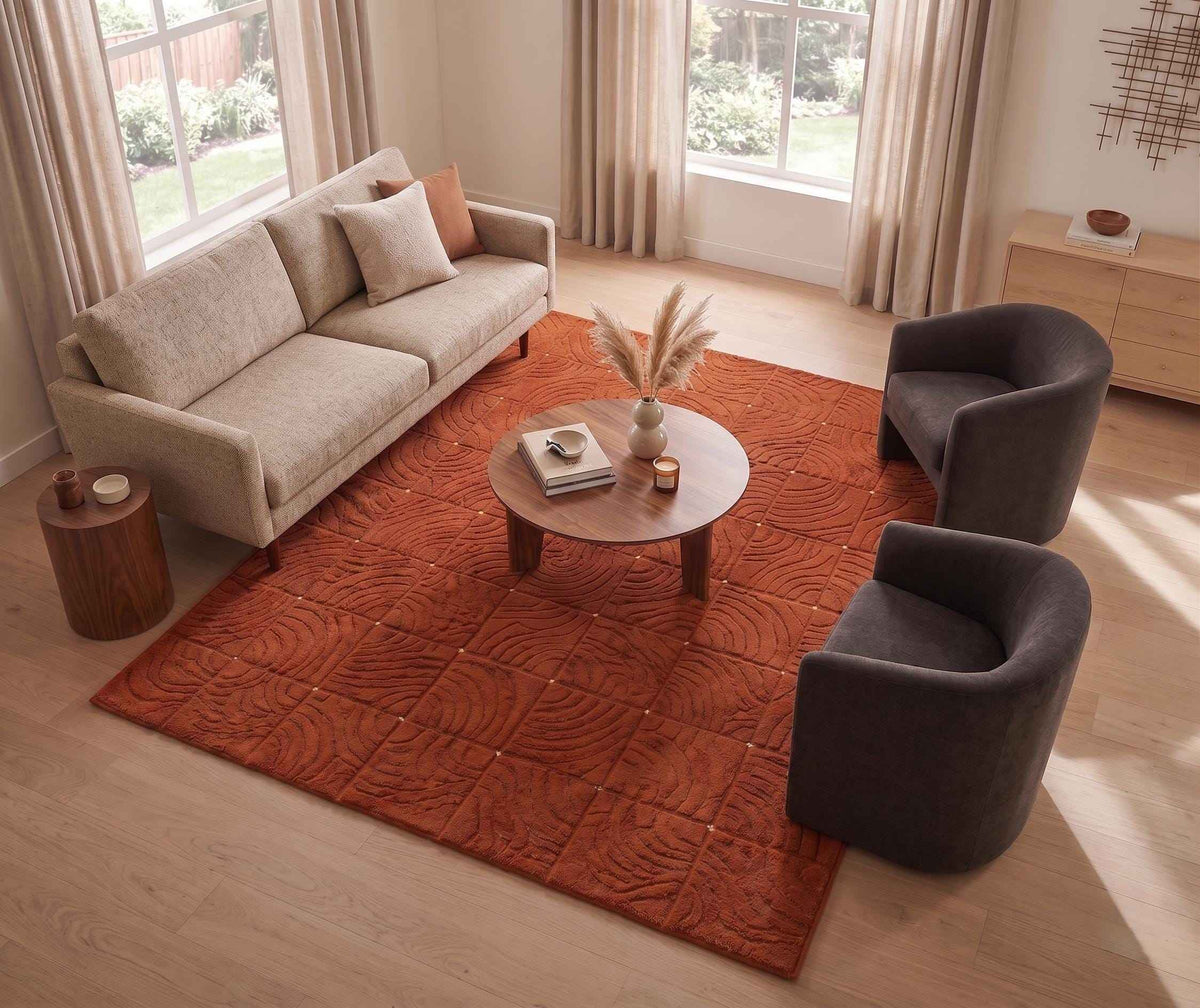 Burnt Orange Carved Geometric Rug – Hand Tufted Terracotta Wool Rug – image 1