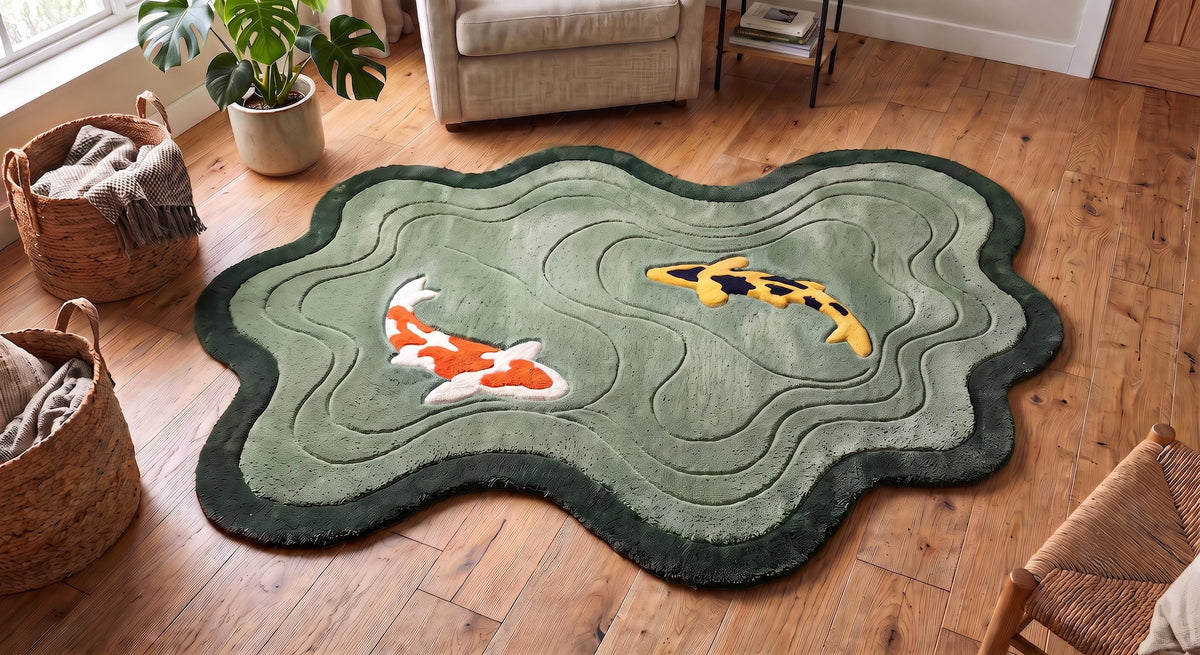 Sage Green Koi Fish Pond Rug – Hand Tufted Organic Shape Wool Rug – image 2