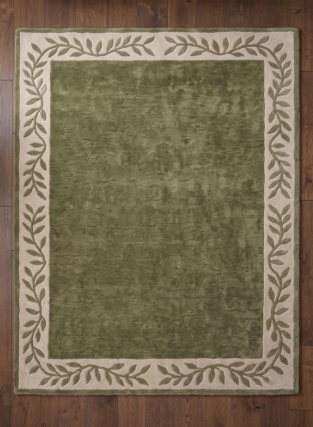 Sage Green Leaf Border Wool Rug – Hand Tufted Earthy Vintage Rug – image 8