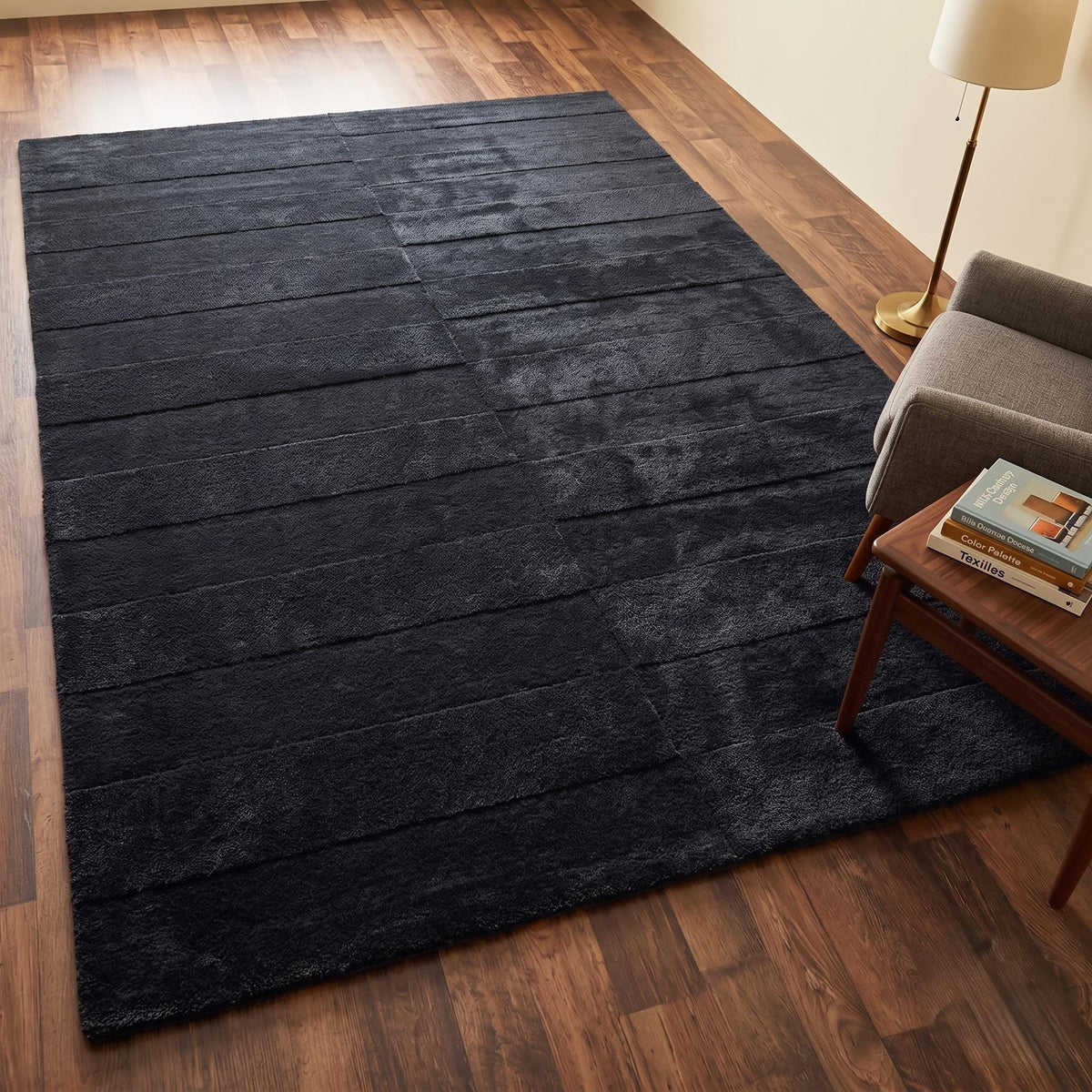 Charcoal Pinstripe Wool Rug – Hand Tufted High-Low Sculpted Rug – image 1
