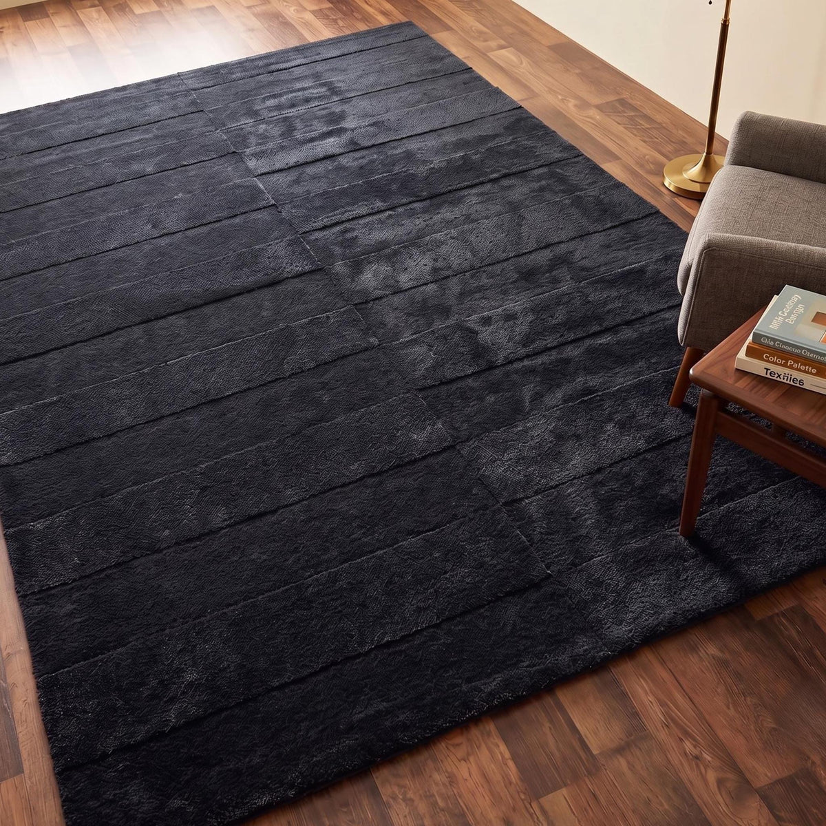 Charcoal Pinstripe Wool Rug – Hand Tufted High-Low Sculpted Rug – image 4