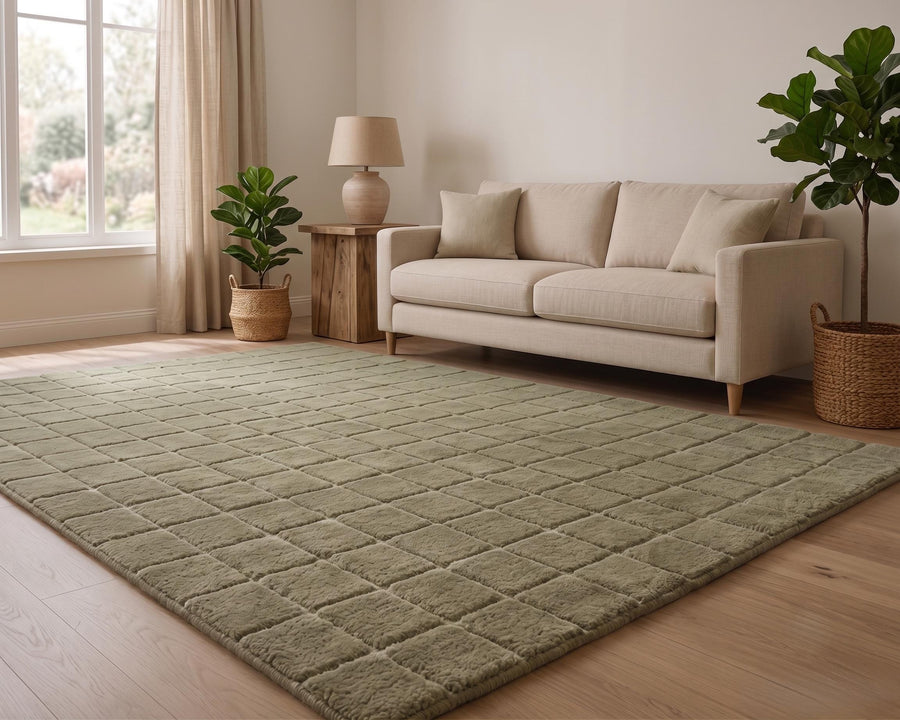 Sage Green Raised Grid Wool Rug – Hand Tufted Minimalist Rug – image 1