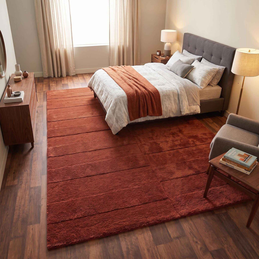 Terracotta Rust Geometric Wool Rug – Hand Tufted Textured Rug