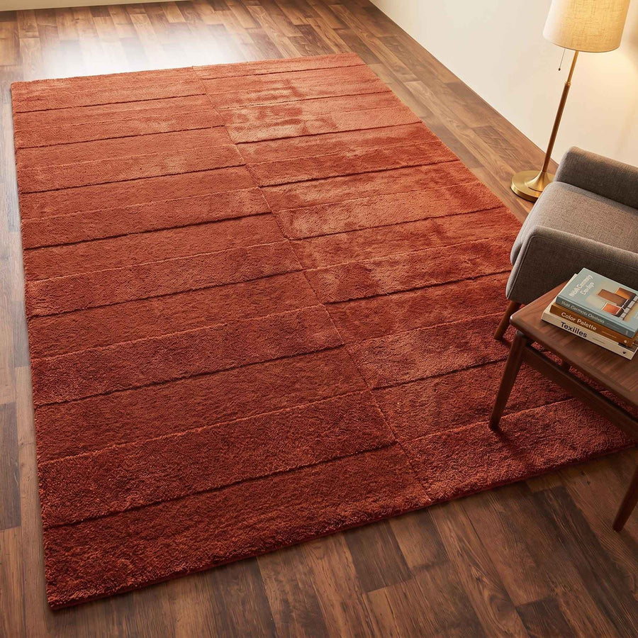 Terracotta Rust Geometric Wool Rug – Hand Tufted Textured Rug