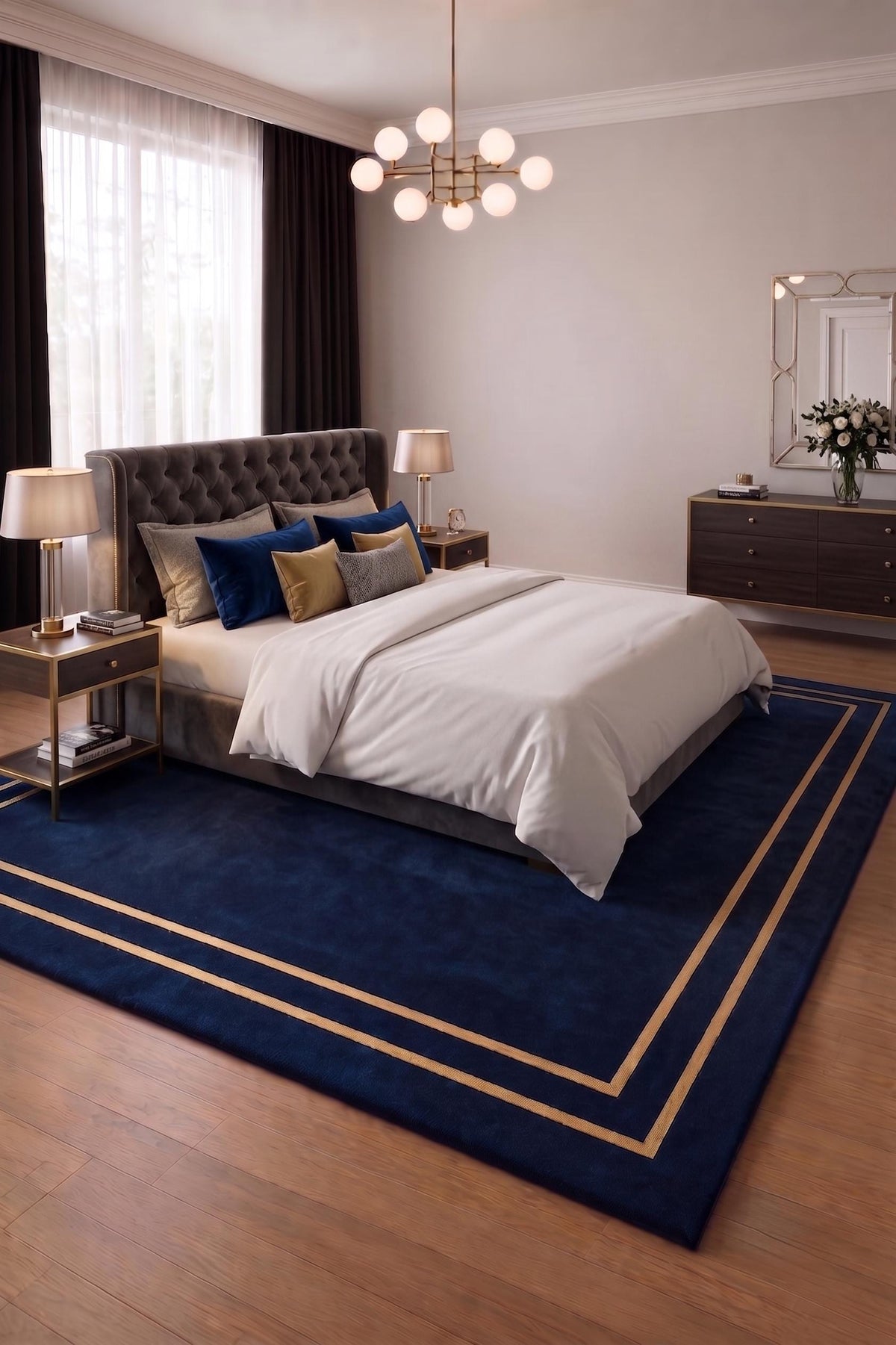 Navy Blue and Beige Border Wool Rug – Hand Tufted Luxury Rug – image 9
