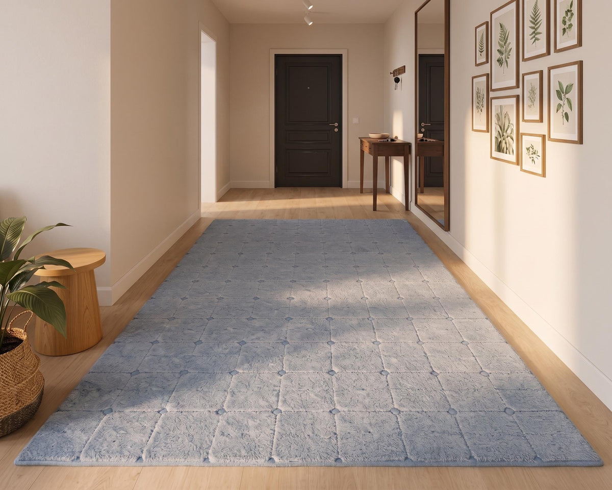 Light Blue Geometric Grid Wool Rug – Hand Tufted Textured Rug – image 7
