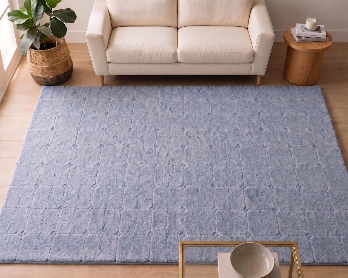 Light Blue Geometric Grid Wool Rug – Hand Tufted Textured Rug – image 1