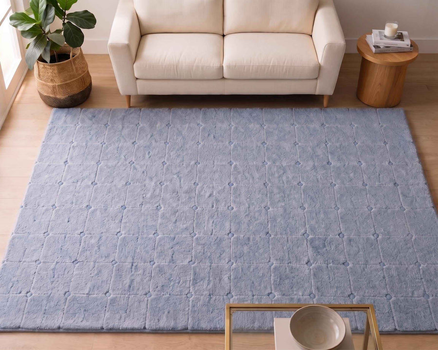 Light Blue Geometric Grid Wool Rug – Hand Tufted Textured Rug