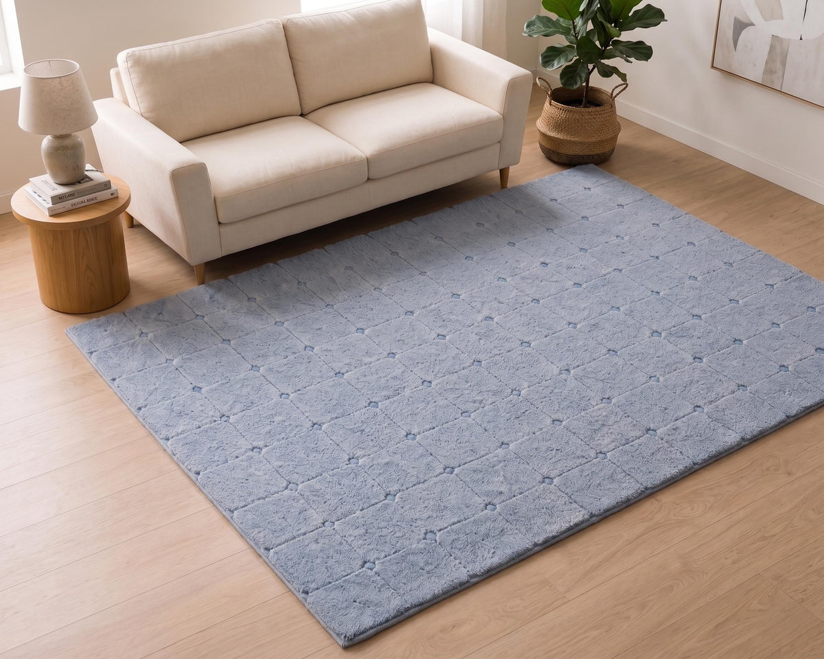 Light Blue Geometric Grid Wool Rug – Hand Tufted Textured Rug – image 3