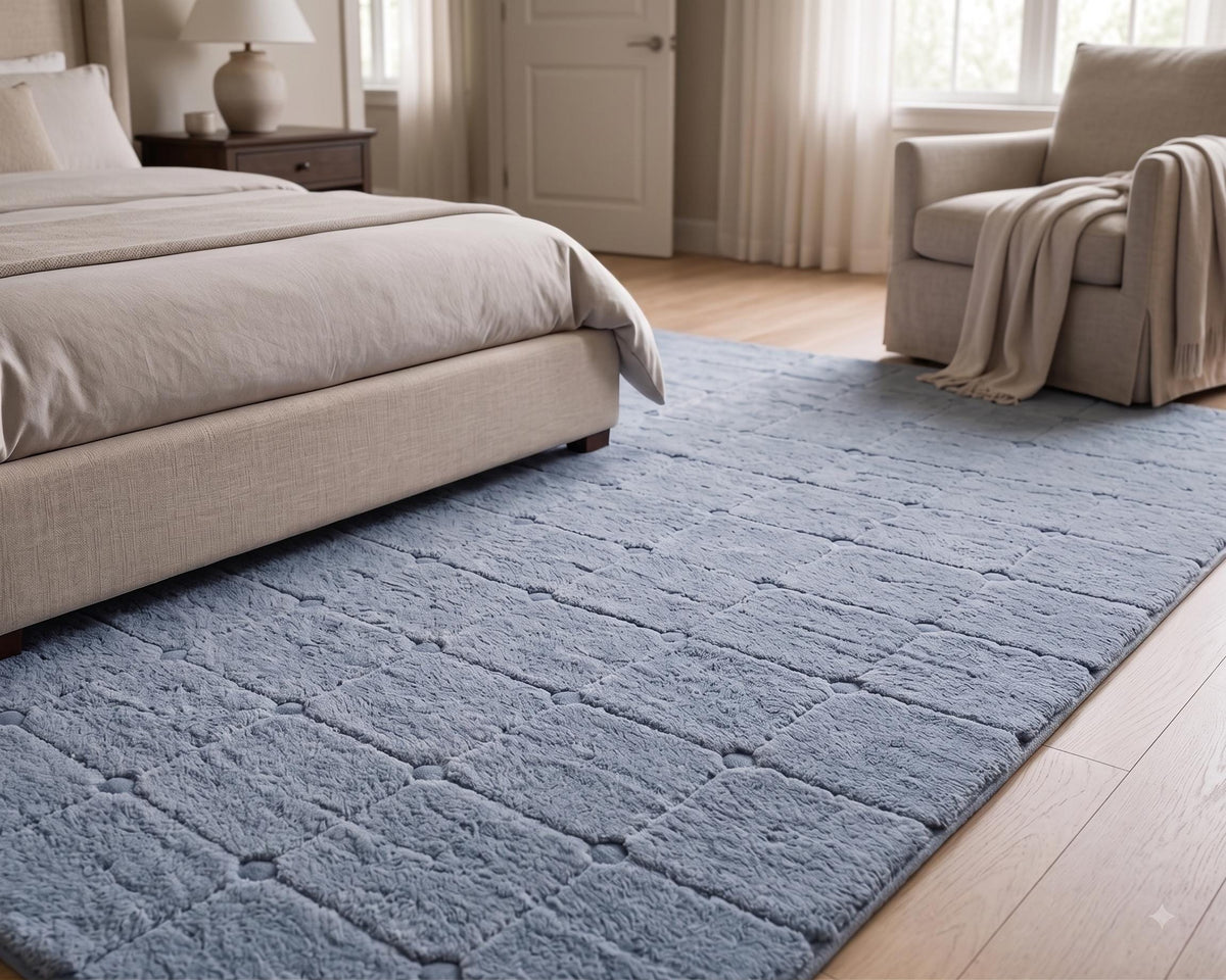 Light Blue Geometric Grid Wool Rug – Hand Tufted Textured Rug – image 6