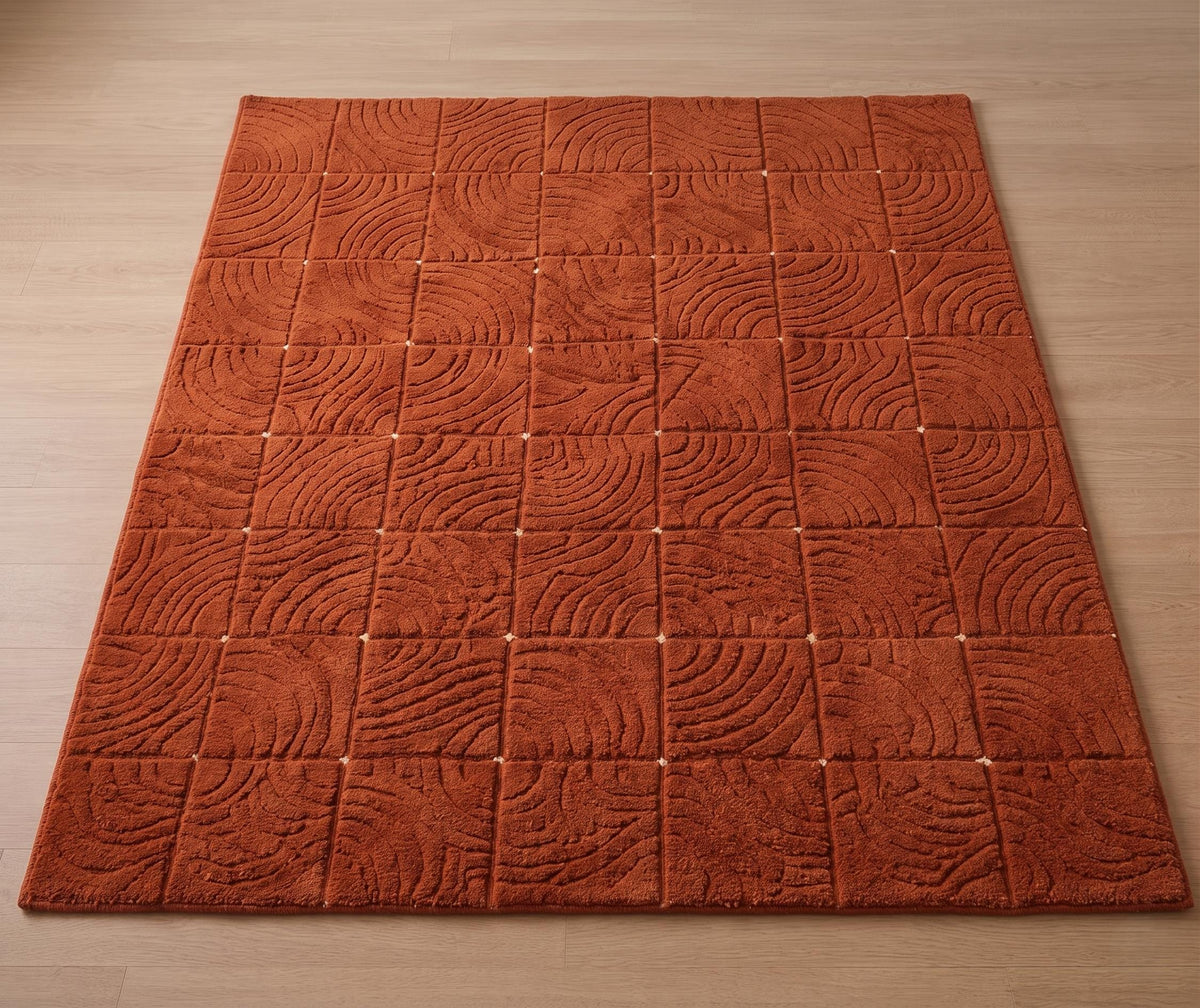 Burnt Orange Carved Geometric Rug – Hand Tufted Terracotta Wool Rug – image 5