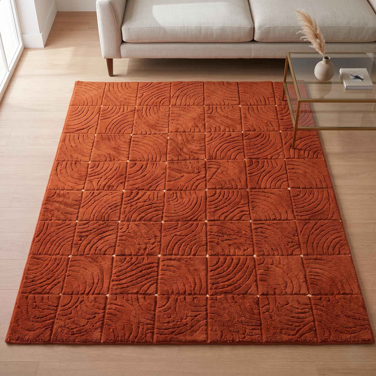Burnt Orange Carved Geometric Rug – Hand Tufted Terracotta Wool Rug – image 4