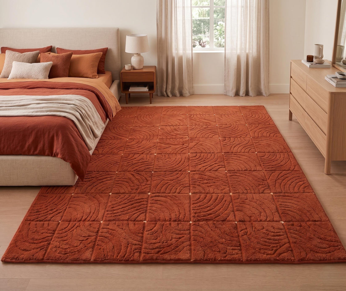 Burnt Orange Carved Geometric Rug – Hand Tufted Terracotta Wool Rug – image 2