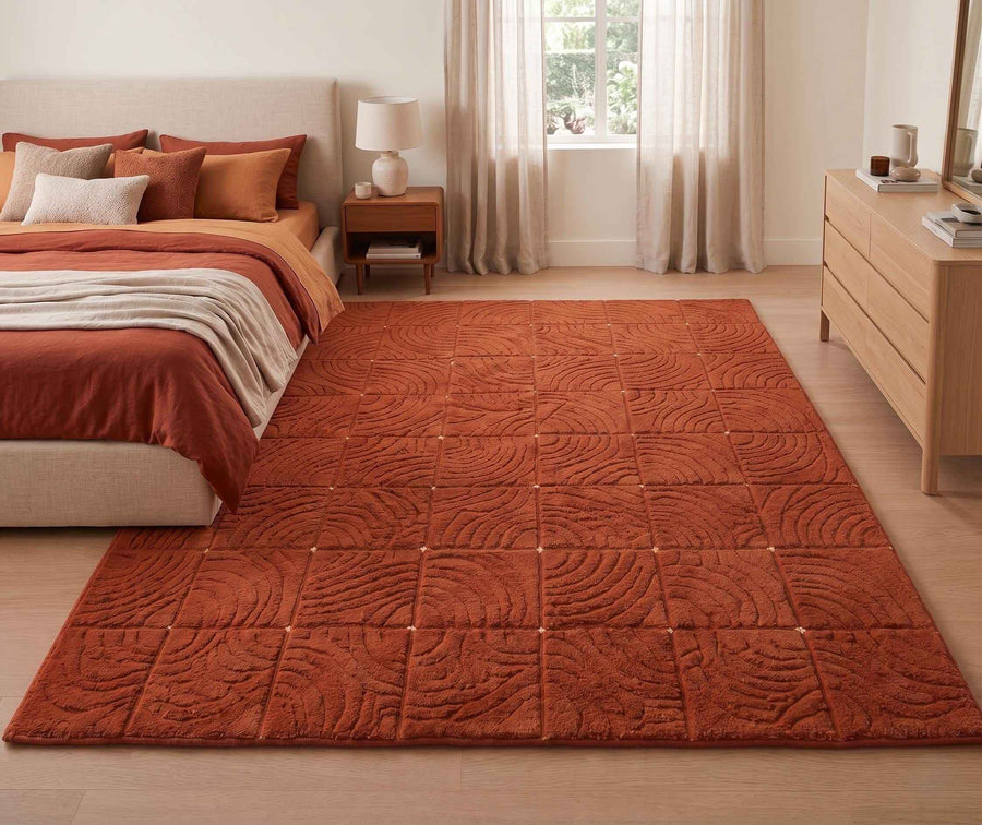 Burnt Orange Carved Geometric Rug – Hand Tufted Terracotta Wool Rug