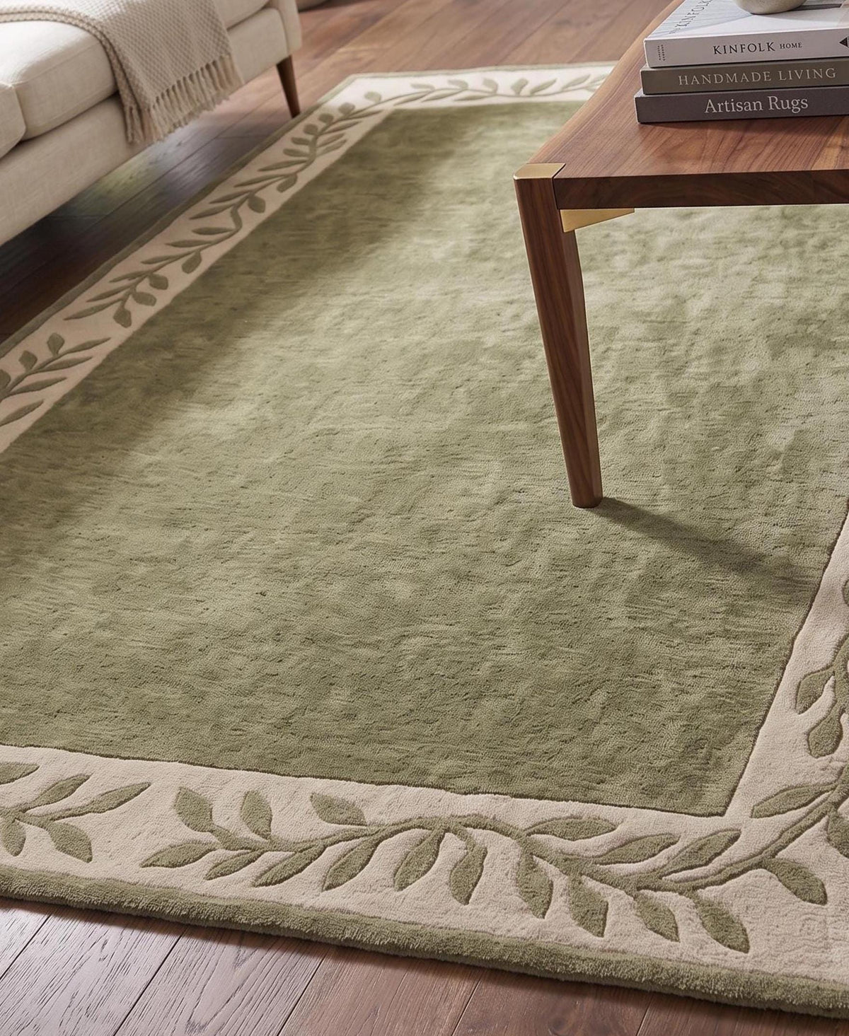 Sage Green Leaf Border Wool Rug – Hand Tufted Earthy Vintage Rug – image 10