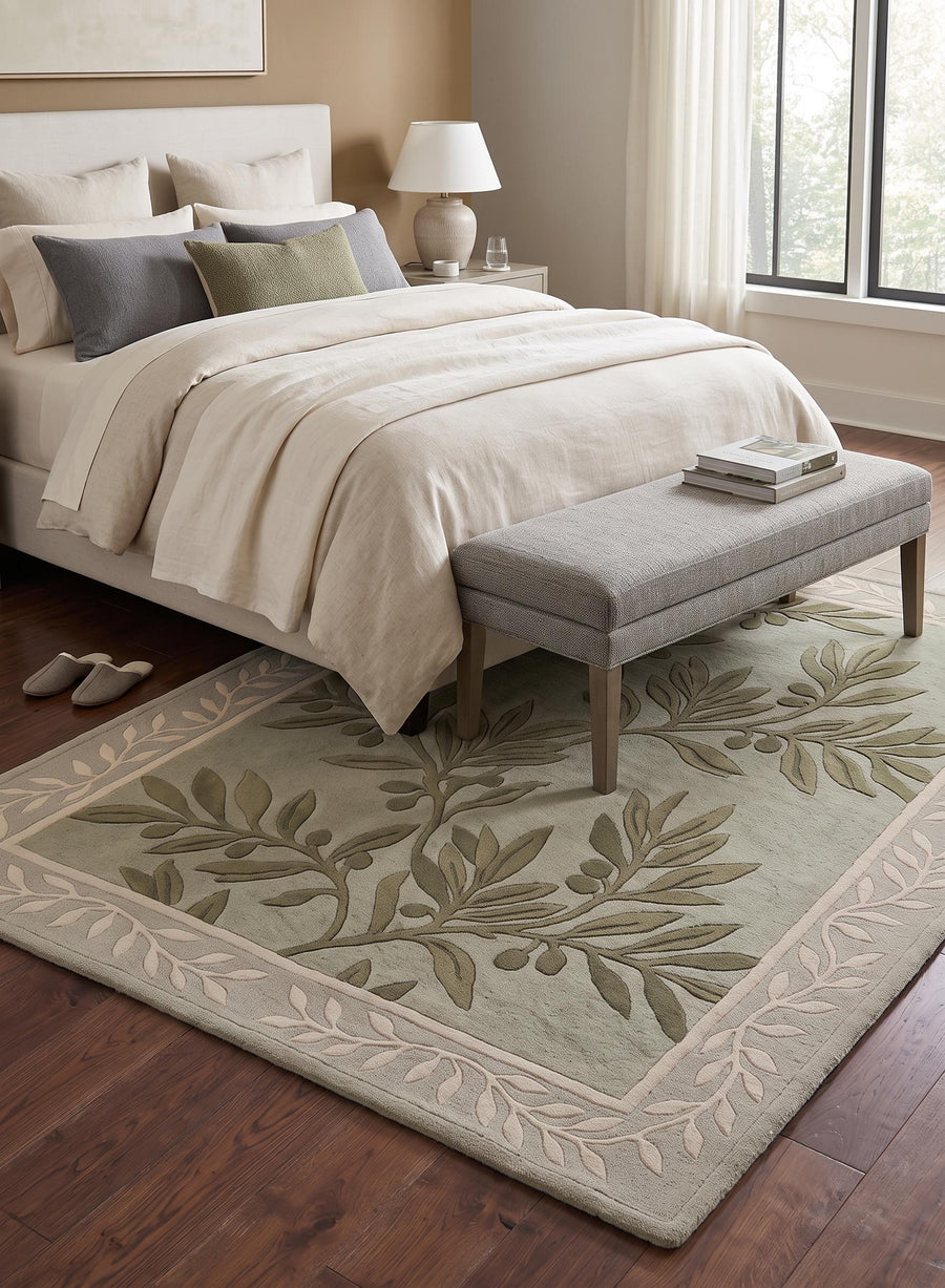 Sage Green Olive Leaf Botanical Rug – Hand Tufted Cottagecore Wool Rug