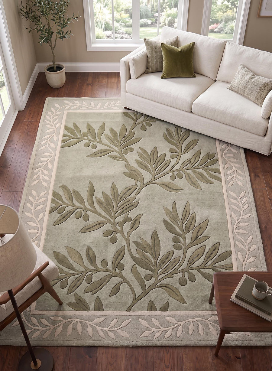 Sage Green Olive Leaf Botanical Rug – Hand Tufted Cottagecore Wool Rug