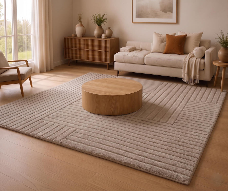 Neutral Geometric Japandi Wool Rug – Hand Tufted Sculpted Rug – image 1
