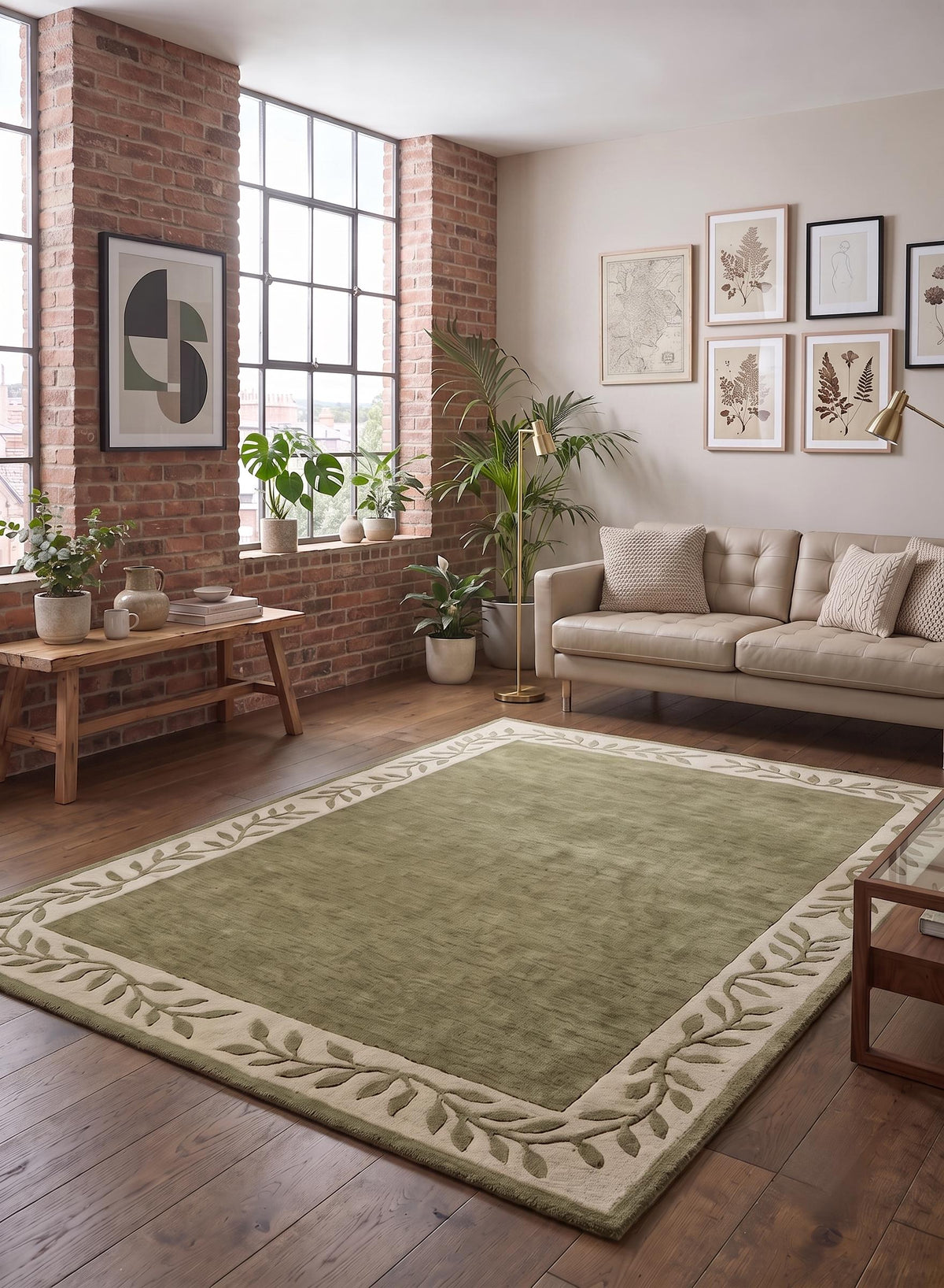 Sage Green Leaf Border Wool Rug – Hand Tufted Earthy Vintage Rug – image 9