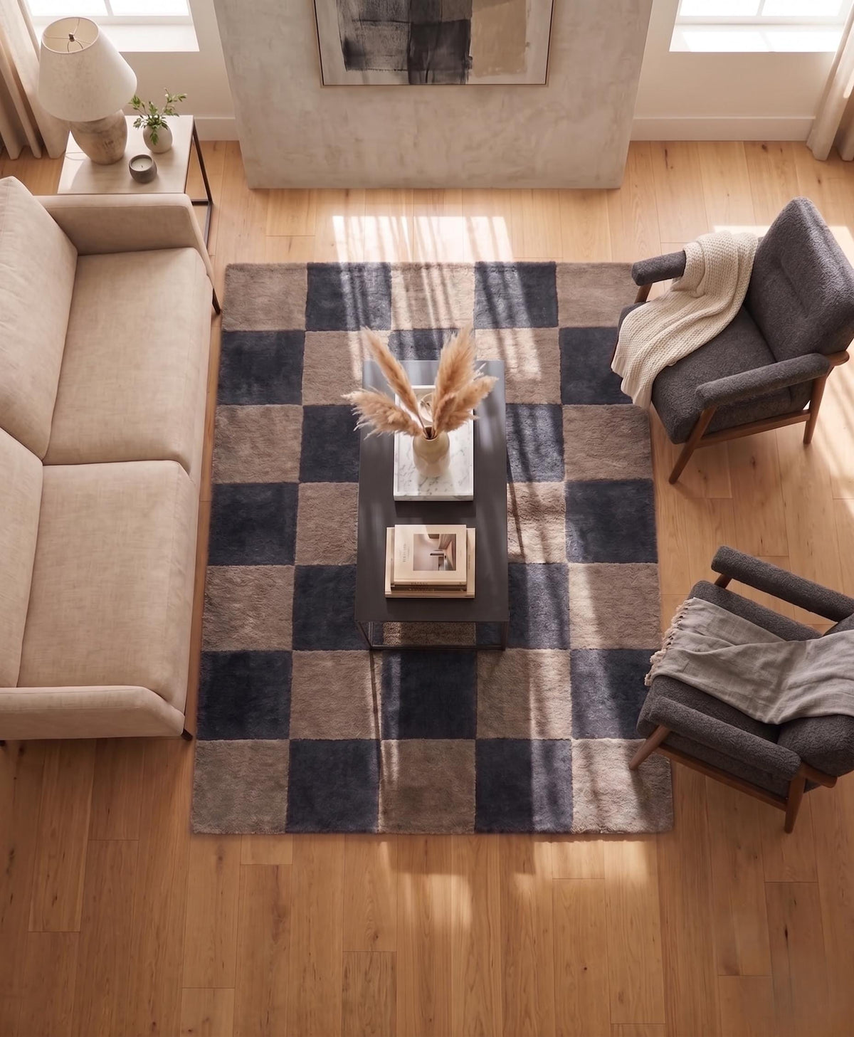 Charcoal and Taupe Checkerboard Wool Rug – Hand Tufted Modern Rug – image 3