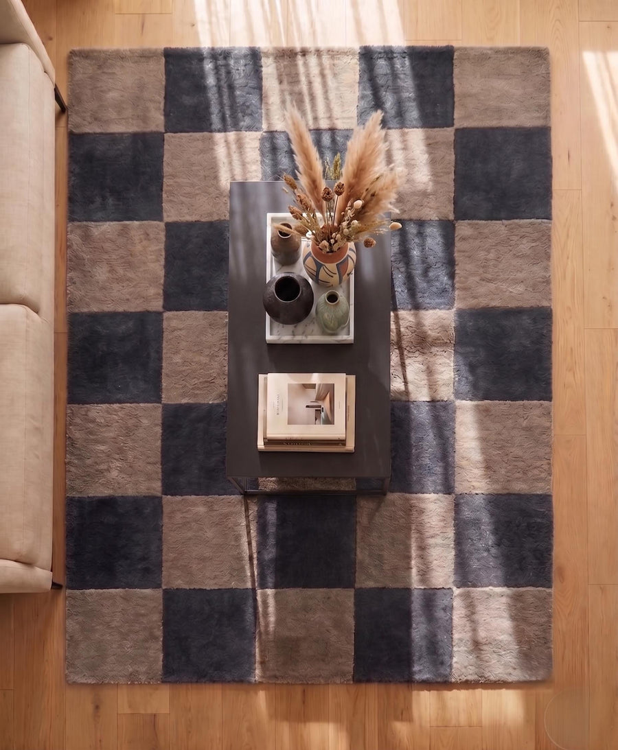 Charcoal and Taupe Checkerboard Wool Rug – Hand Tufted Modern Rug – image 2