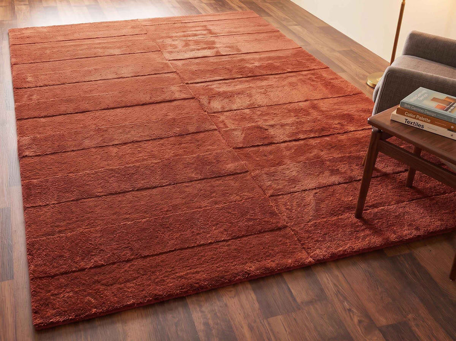 Terracotta Rust Geometric Wool Rug – Hand Tufted Textured Rug