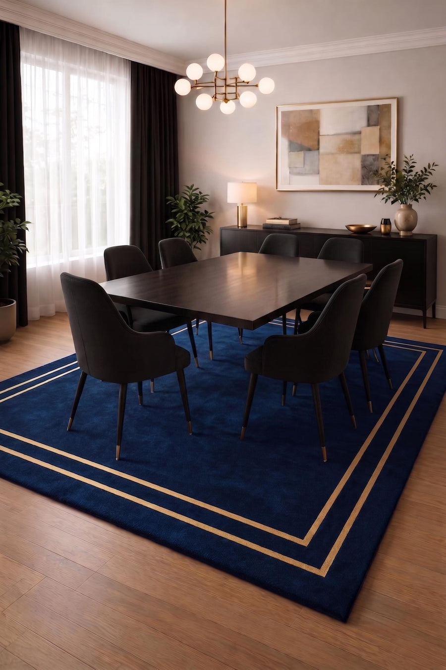 Navy Blue and Beige Border Wool Rug – Hand Tufted Luxury Rug