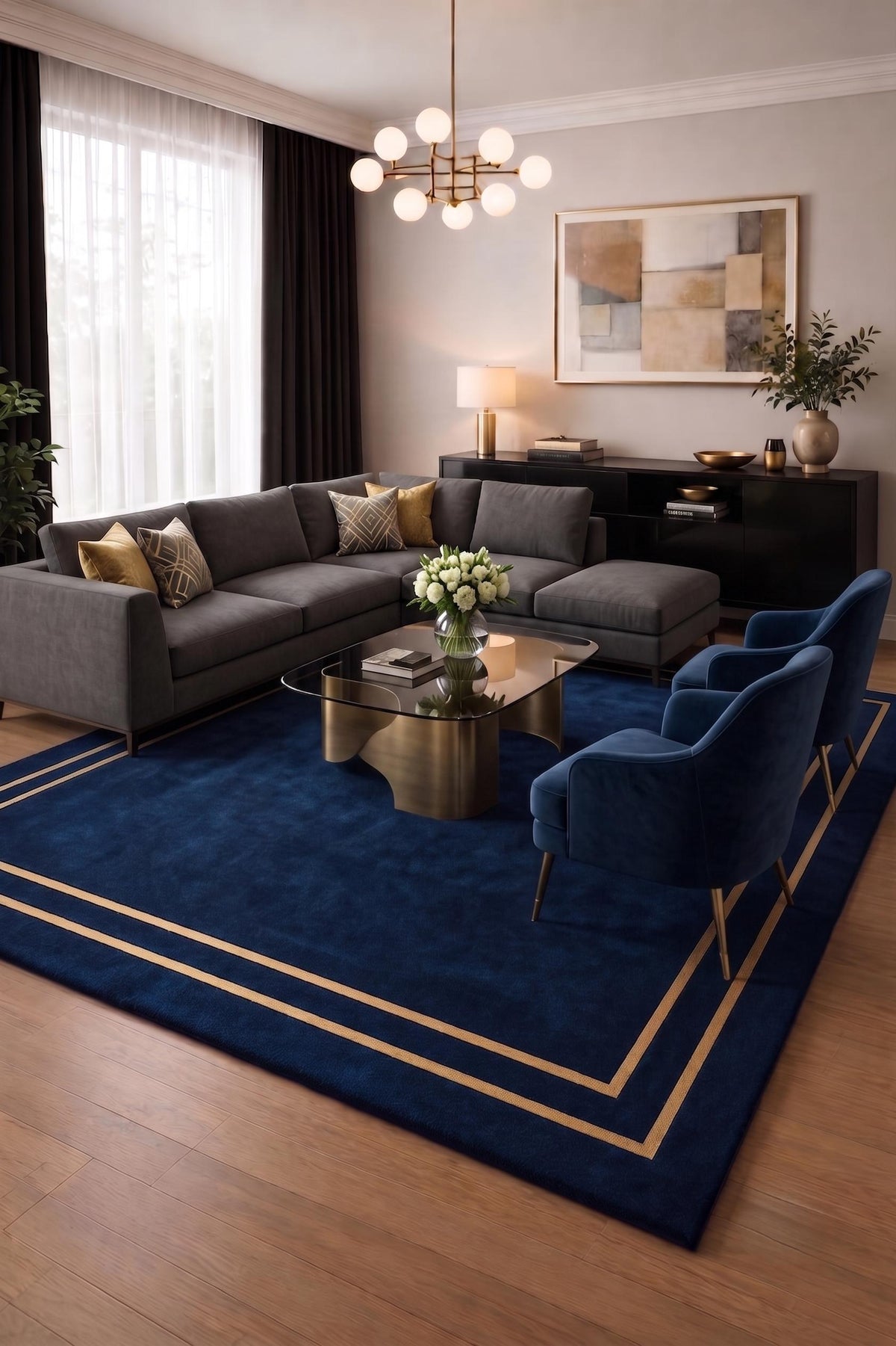 Navy Blue and Beige Border Wool Rug – Hand Tufted Luxury Rug – image 2