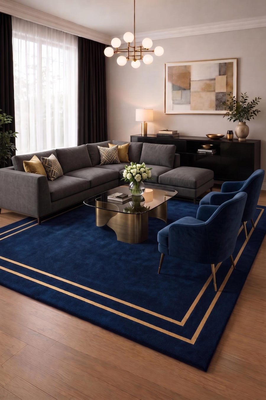 Navy Blue and Beige Border Wool Rug – Hand Tufted Luxury Rug – image 2