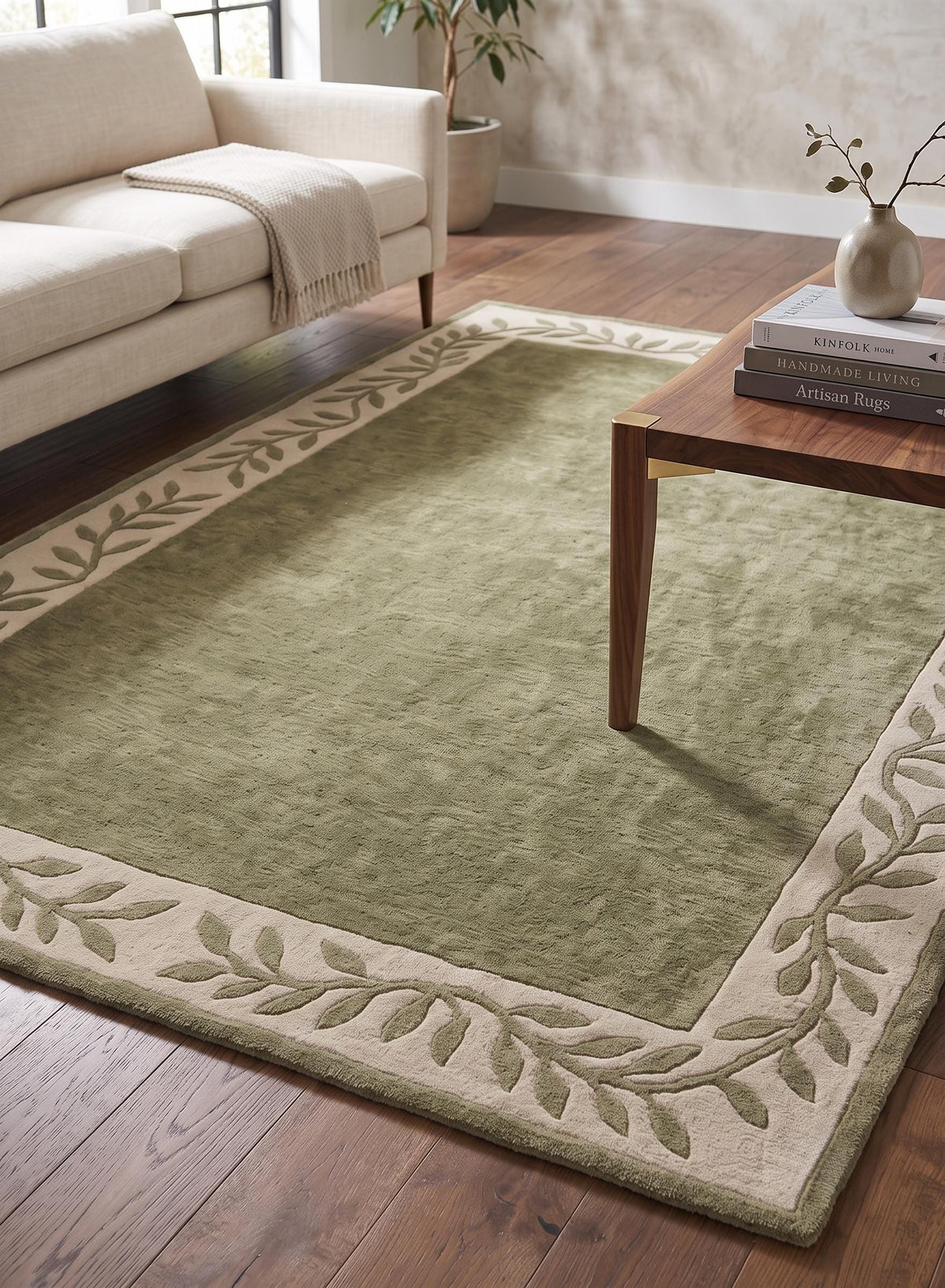 Sage Green Leaf Border Wool Rug – Hand Tufted Earthy Vintage Rug – image 6