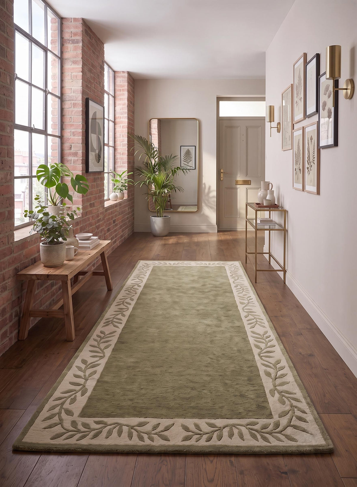 Sage Green Leaf Border Wool Rug – Hand Tufted Earthy Vintage Rug – image 7