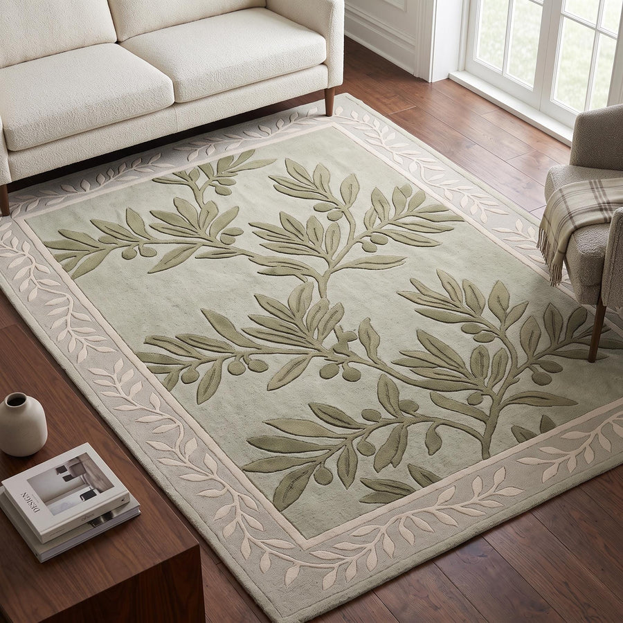 Sage Green Olive Leaf Botanical Rug – Hand Tufted Cottagecore Wool Rug – image 1