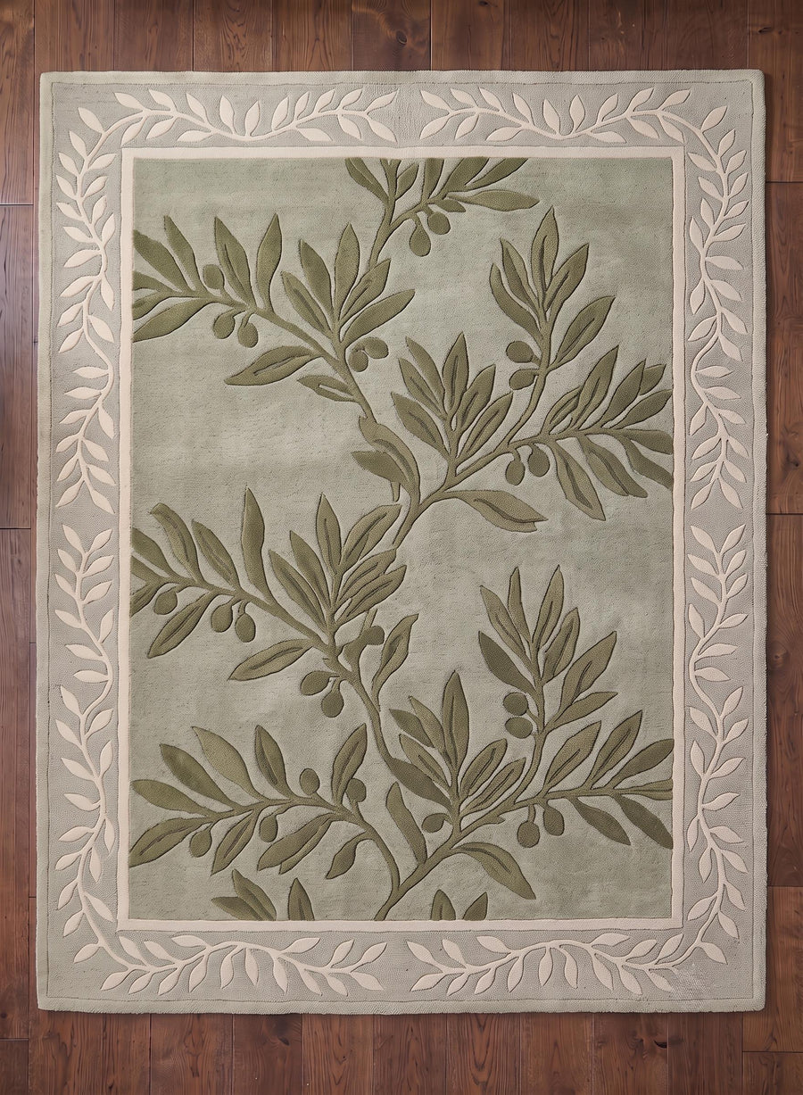 Sage Green Olive Leaf Botanical Rug – Hand Tufted Cottagecore Wool Rug – image 3