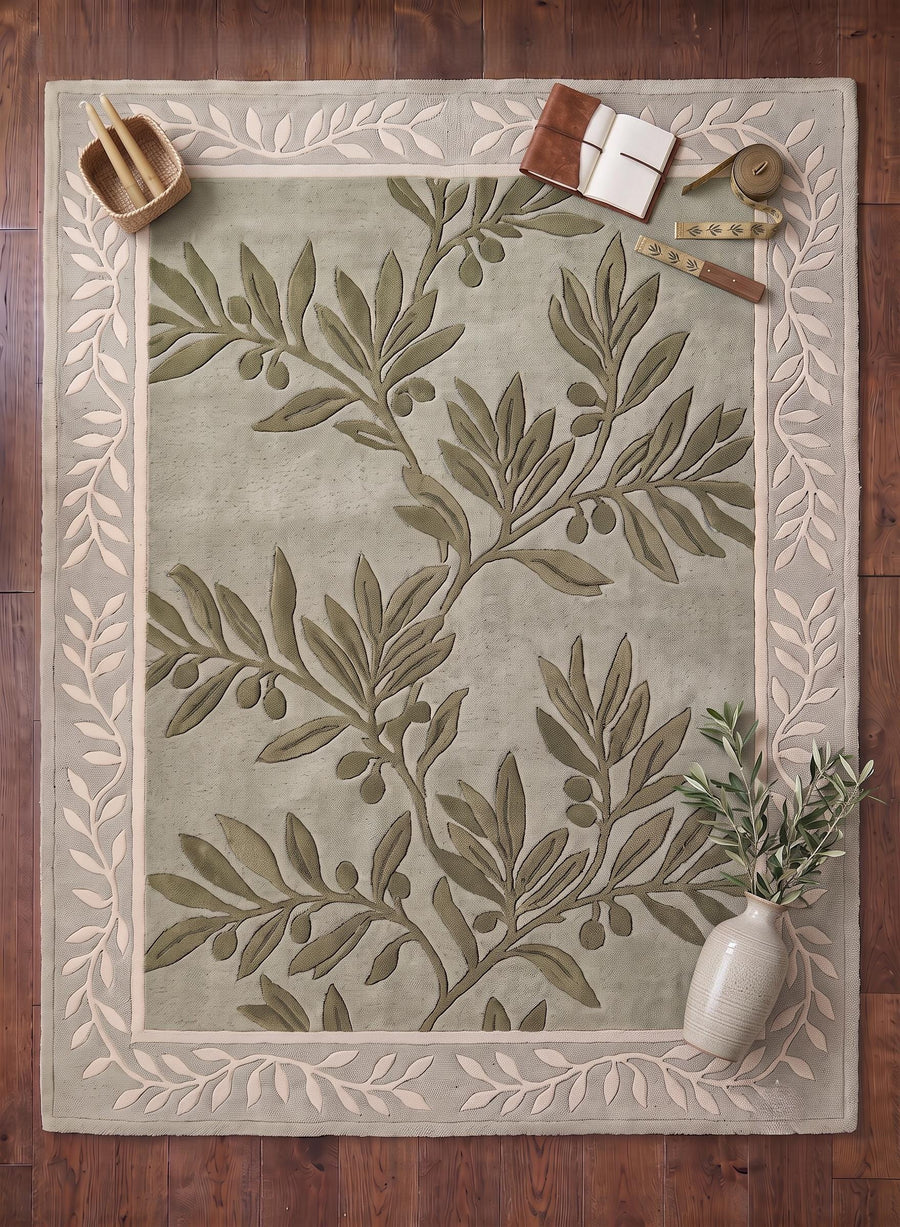 Sage Green Olive Leaf Botanical Rug – Hand Tufted Cottagecore Wool Rug – image 5