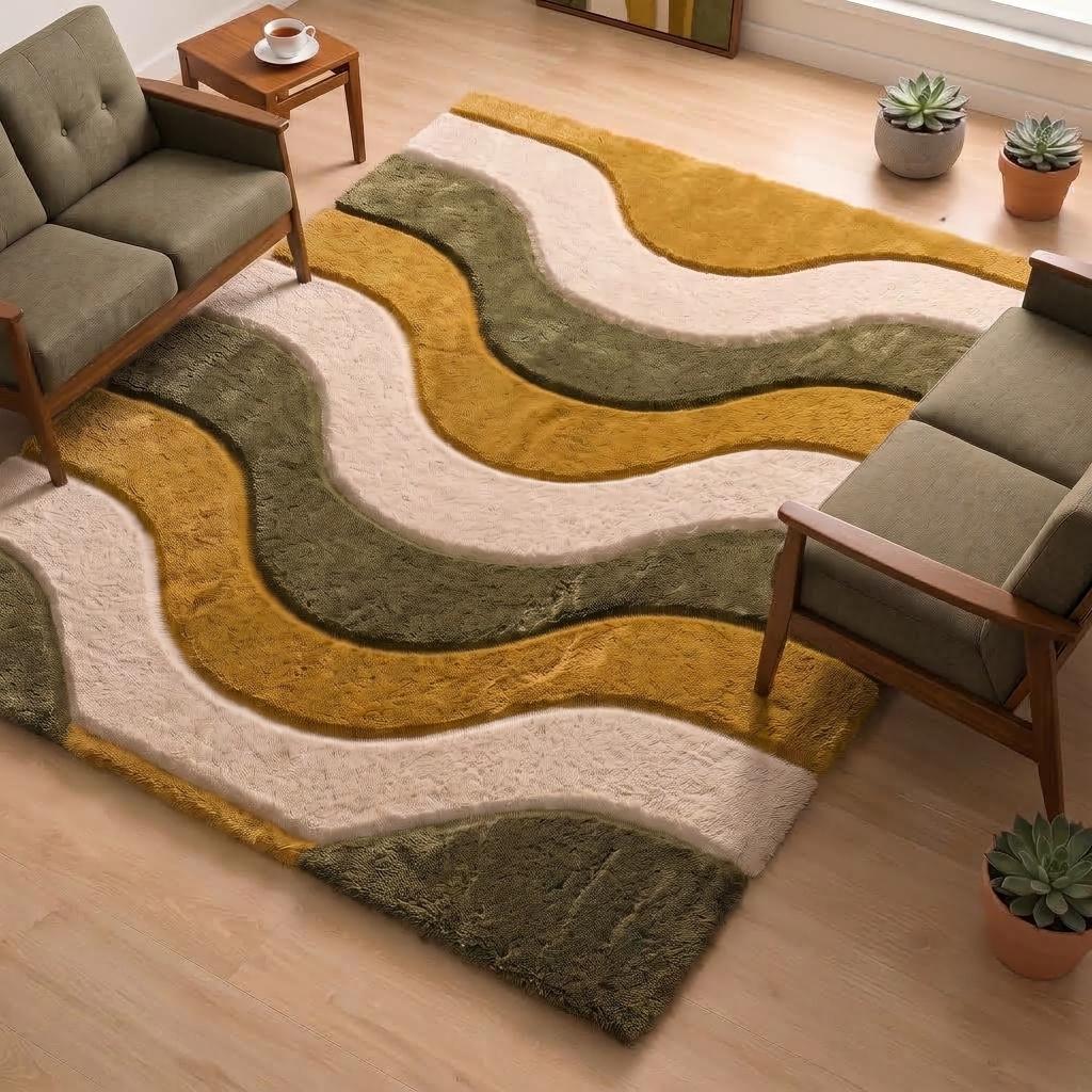Mustard and Olive Wave Rug – Hand Tufted Earthy Abstract Wool Rug – image 1