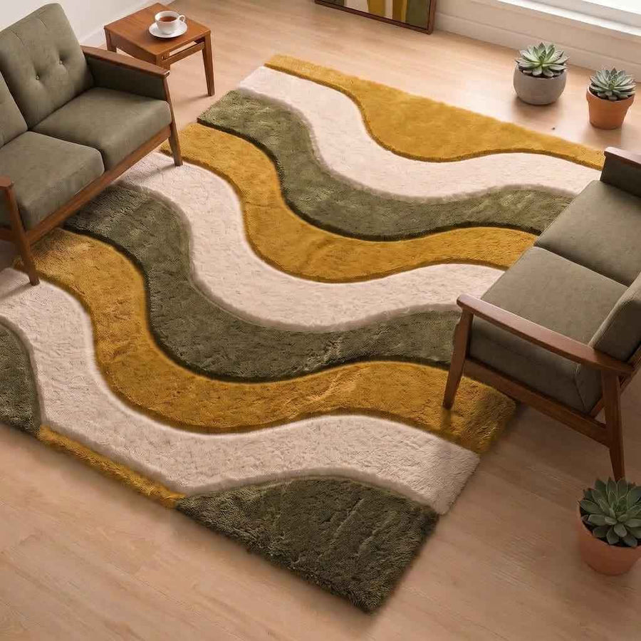 Mustard and Olive Wave Rug – Hand Tufted Earthy Abstract Wool Rug