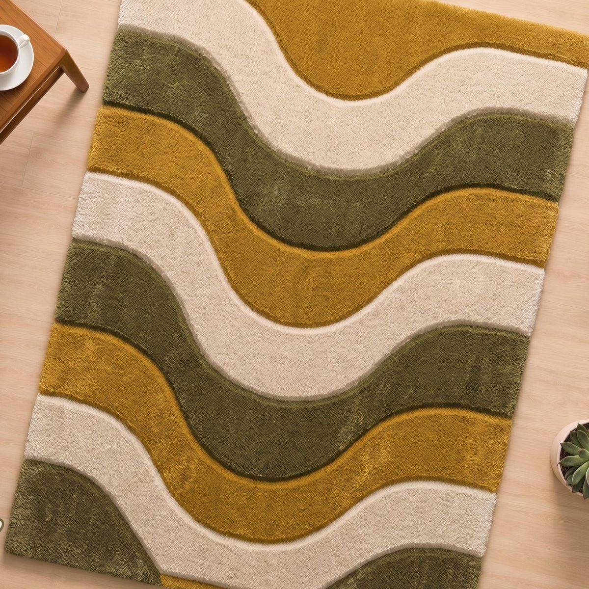 Mustard and Olive Wave Rug – Hand Tufted Earthy Abstract Wool Rug – image 6