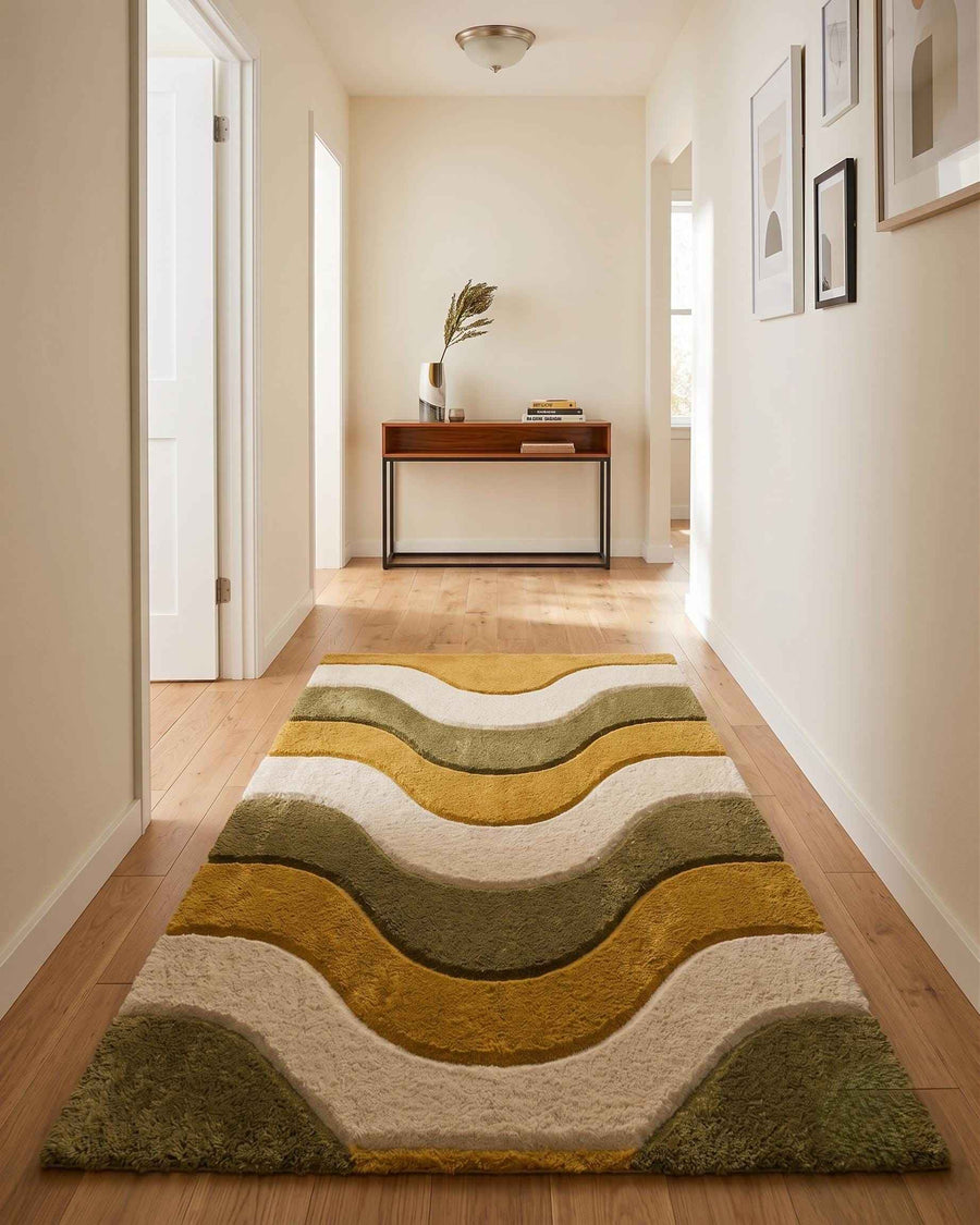 Mustard and Olive Wave Rug – Hand Tufted Earthy Abstract Wool Rug